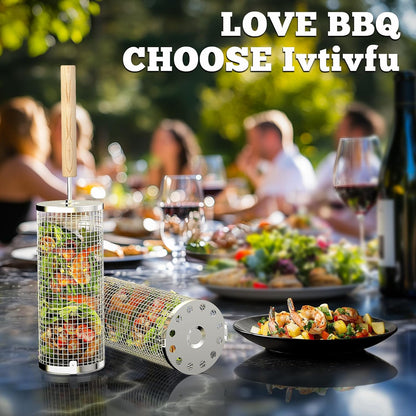 Rolling Grill Baskets Stainless Steel with Removable Wooden Handle BBQ Set