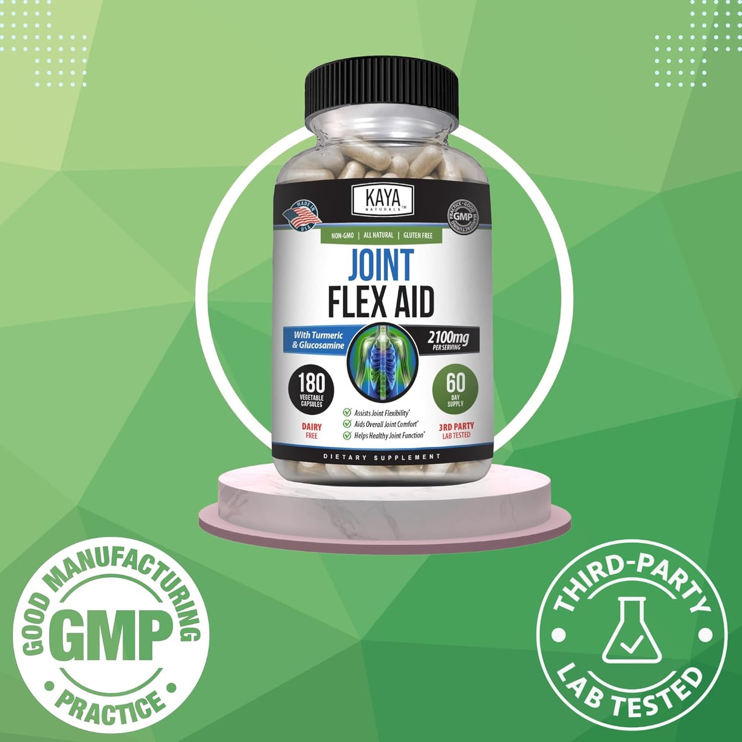 Kaya Naturals Flex Aid Turmeric Capsules Glucosamine Boswellia MSM 180 Count