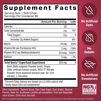 Force Factor Total Beets Soft Chews Beetroot Nitrates L Citrulline Grapeseed Extract 60 Count