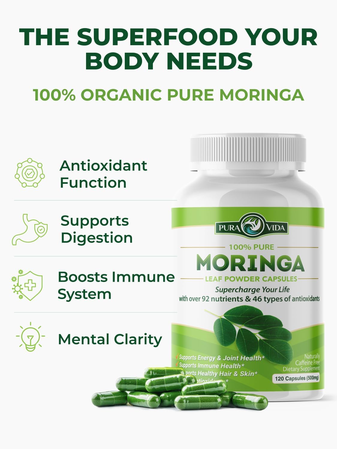 PURA VIDA MORINGA Organic Moringa Capsules 500mg – Pure Leaf Powder for Energy & Wellness Support, 120 Capsules