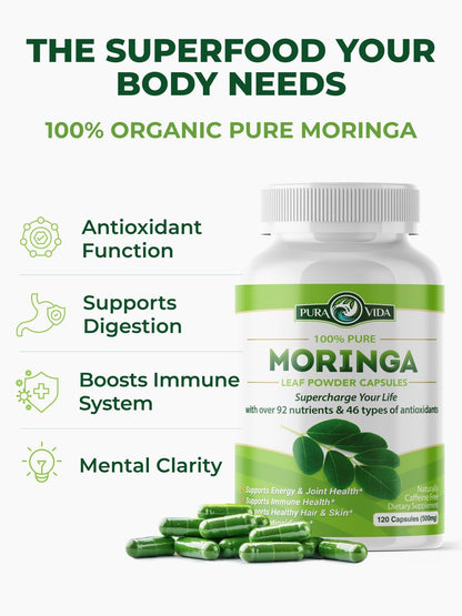 PURA VIDA MORINGA Organic Moringa Capsules 500mg – Pure Leaf Powder for Energy & Wellness Support, 120 Capsules