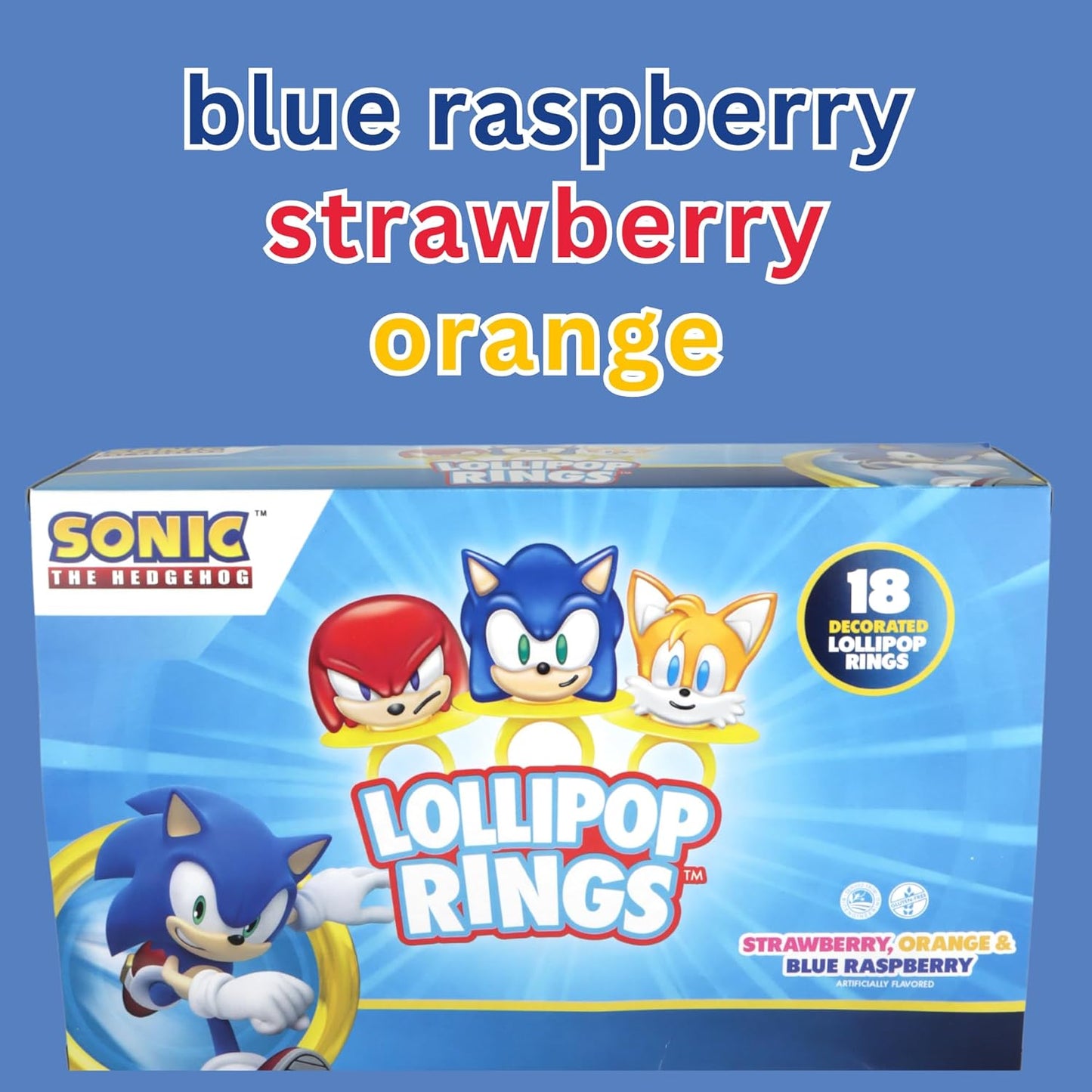 Sonic the Hedgehog Lollipop Rings Strawberry, Orange & Blue Raspberry Flavored Candy 18 Count