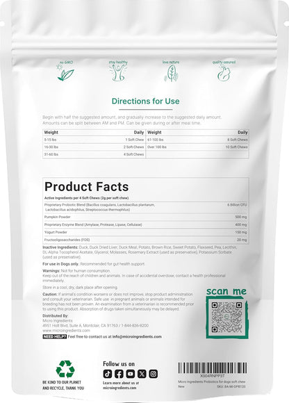 Micro Ingredients Probiotics for Dogs Soft Chews – 6 Billion CFU with Prebiotics, Enzymes & Pumpkin, Duck Flavor, 240 Count