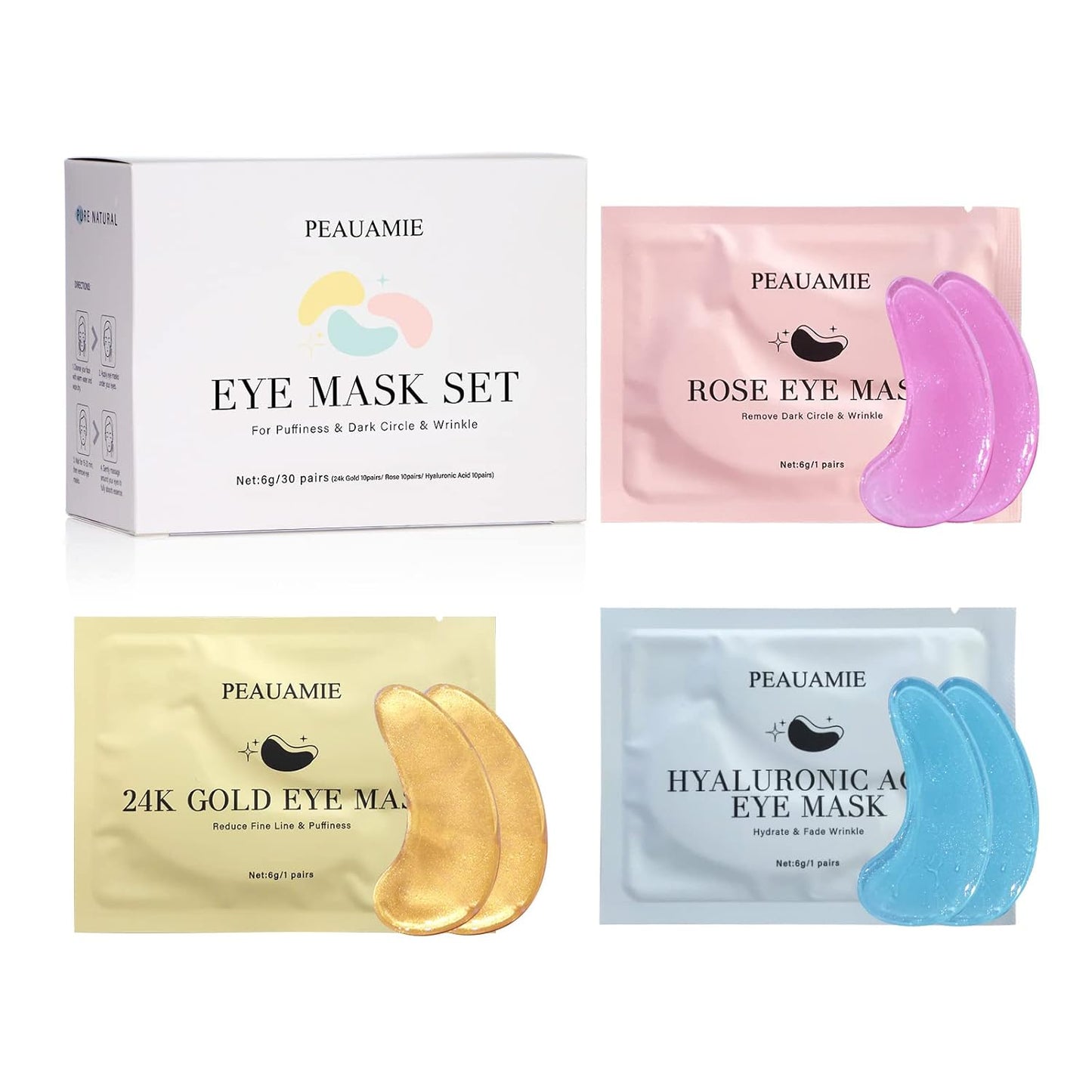 PEAUAMIE Gold & Rose Under Eye Patches with Hyaluronic Acid 30 Pairs