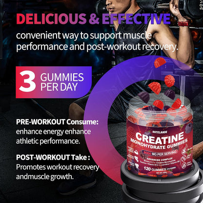 OUTELANDE Creatine Monohydrate Gummies 8000 mg with L Taurine Sugar Free Vegan 120 Count