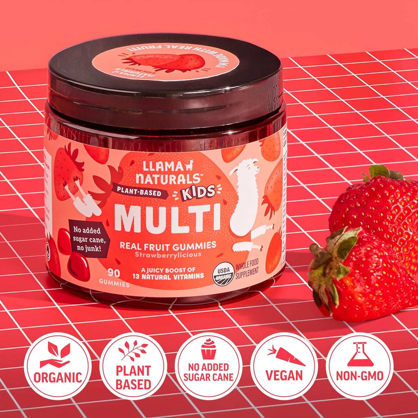 Llama Naturals Kids Multivitamin Gummies Organic Vegan Strawberry 90 Count