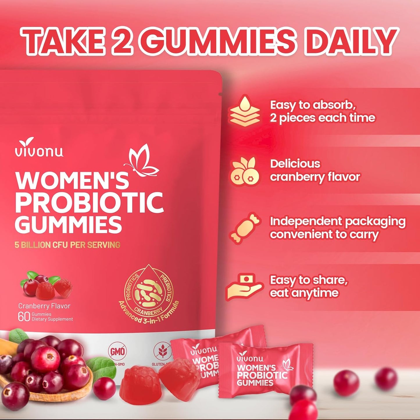 VivoNu Probiotic Gummies for Women with Prebiotics Cranberry 60 Count