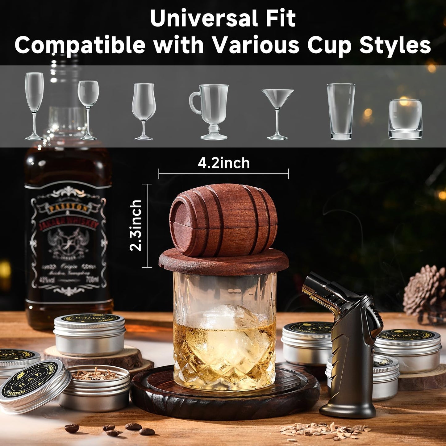 Whiskey Smoker Kit with Torch Wood Chip Flavors Glasses Ice Molds Set