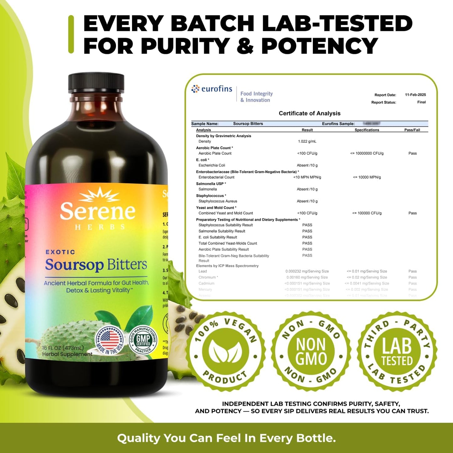 Serene Herbs Soursop Bitters Liquid with Black Seed & Moringa 16 fl oz