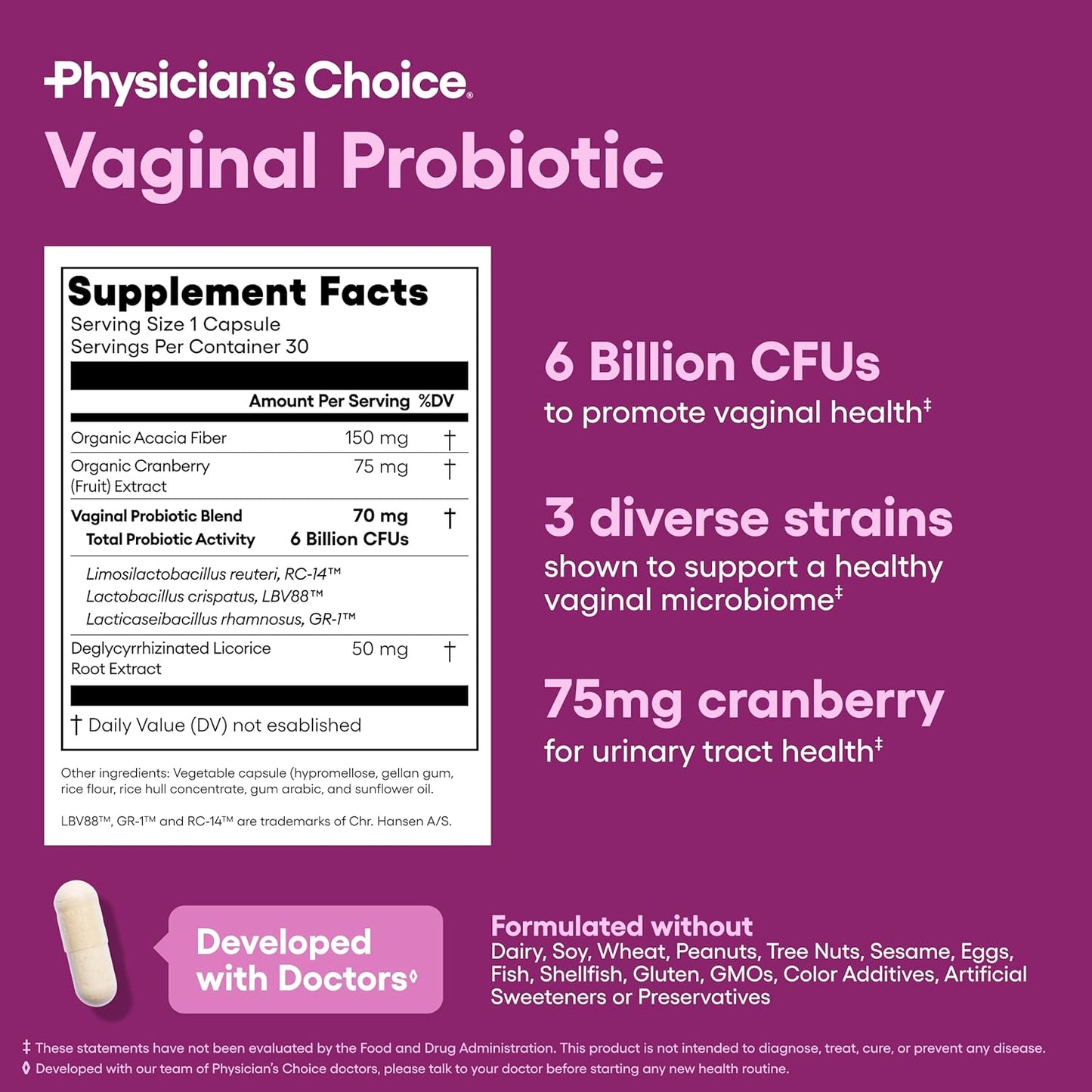 Physician's CHOICE Vaginal Probiotics 6 Billion CFU with Prebiotics Cranberry Extract Capsules 30 Count