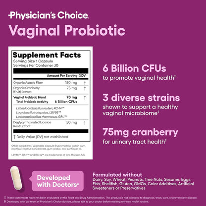 Physician's CHOICE Vaginal Probiotics 6 Billion CFU with Prebiotics Cranberry Extract Capsules 30 Count