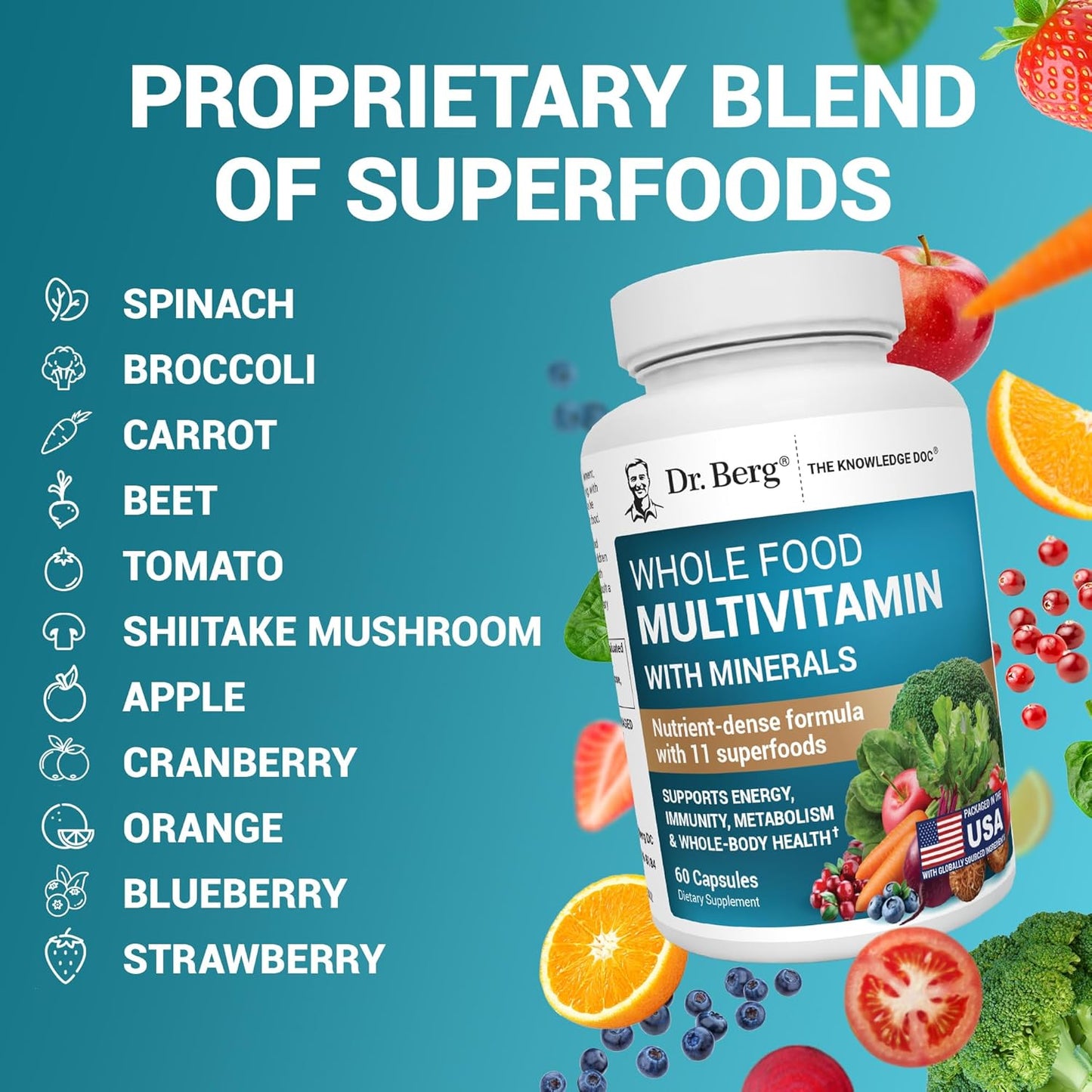 Dr. Berg Whole Food Multivitamin Capsules with Minerals and Fruit & Vegetable Blend 60 Count