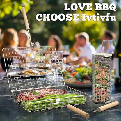 Ivtivfu Rolling Grill Baskets Stainless Steel with Removable Wooden Handle Set