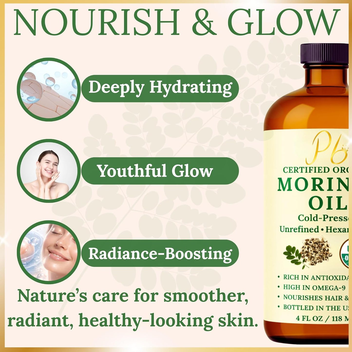 Organic Moringa Oil Cold Pressed Unrefined Skin Hair Face 4 fl oz