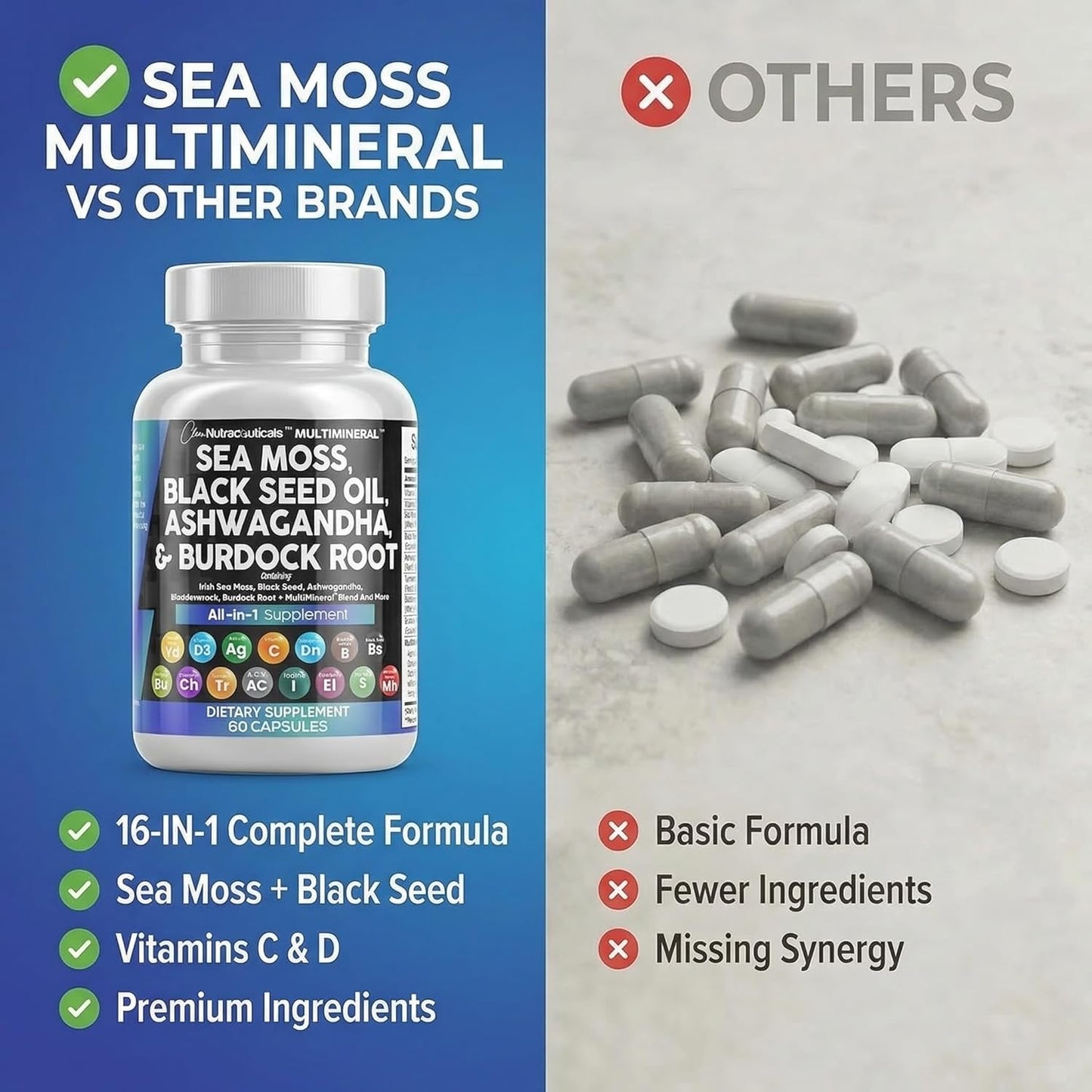 Clean Nutraceuticals Sea Moss & Herbal Supplement with Vitamins C D3 Elderberry 60 Count
