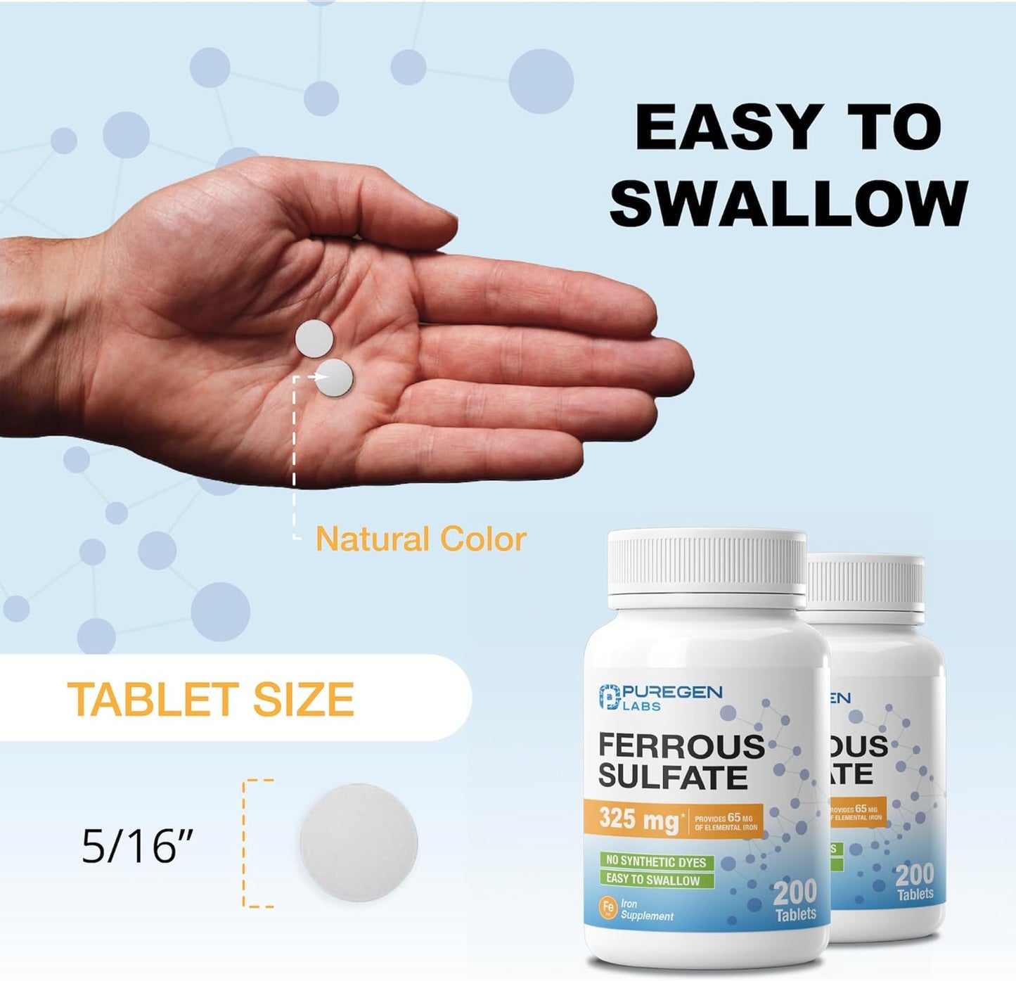 Puregen Labs Ferrous Sulfate 325 mg Iron Supplement 200 Tablets