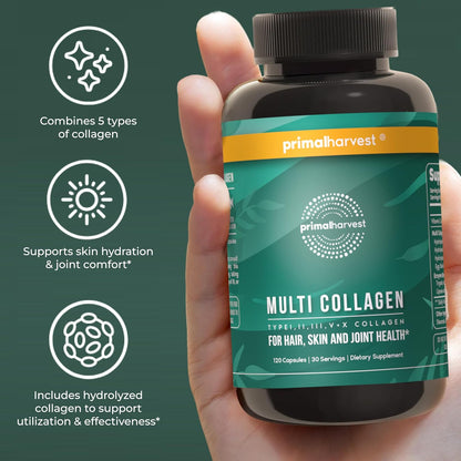 Primal Harvest Multi Collagen Capsules Types I II III V X with Vitamin C 120 Count