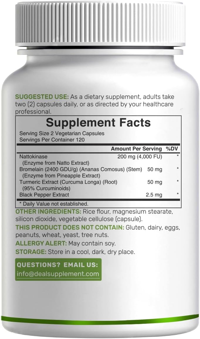 Deal Supplement Nattokinase 4,000 FU with Bromelain, Turmeric Curcumin & Black Pepper – Vegan, Non-GMO, 240 Veg Capsules