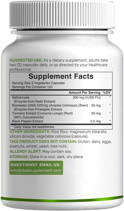 Deal Supplement Nattokinase 4,000 FU with Bromelain, Turmeric Curcumin & Black Pepper – Vegan, Non-GMO, 240 Veg Capsules