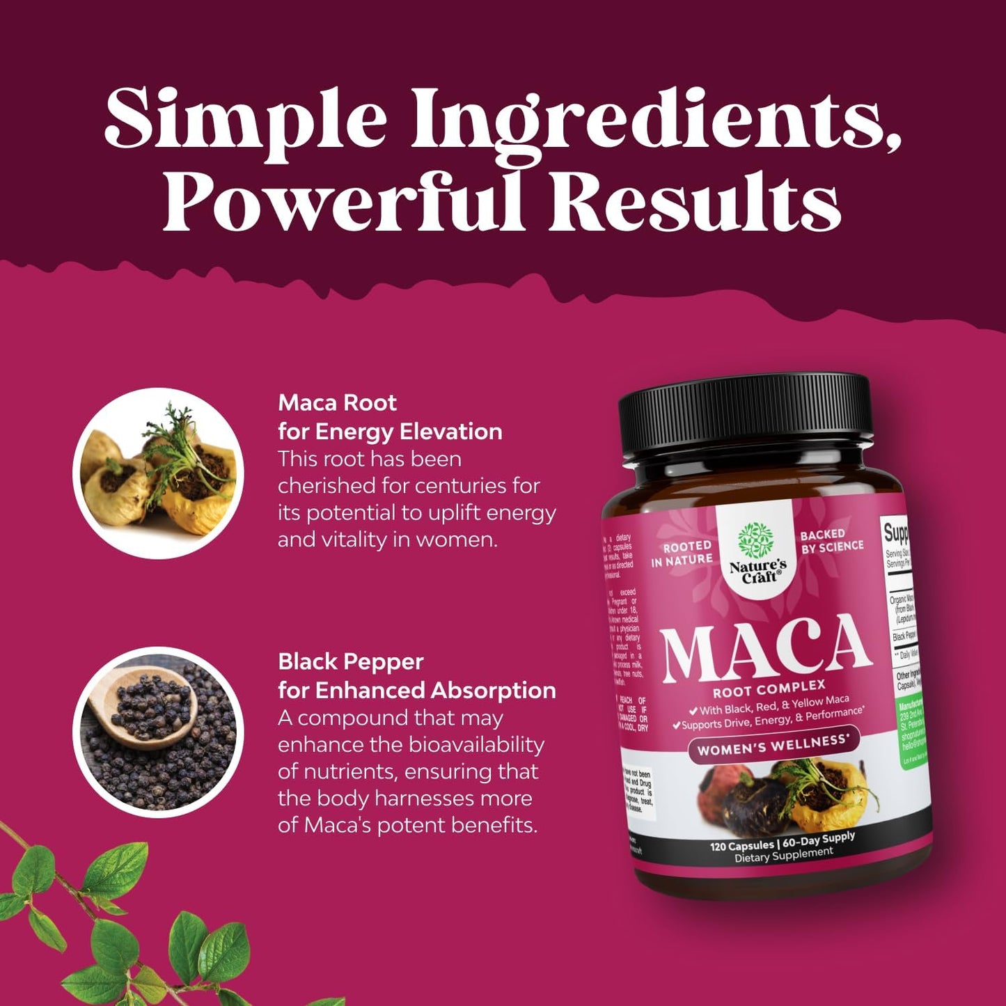 Maca Root Capsules for Women Red Yellow Black Maca Non-GMO Vegan 120 Count