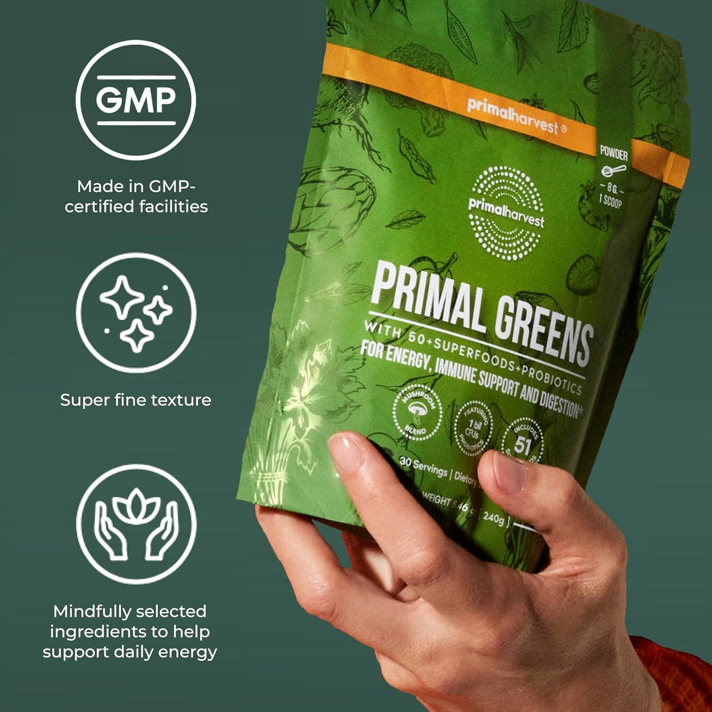 Primal Harvest Super Greens Powder Chlorella Probiotics Green Tea Wheatgrass Kale Turmeric 30 Servings