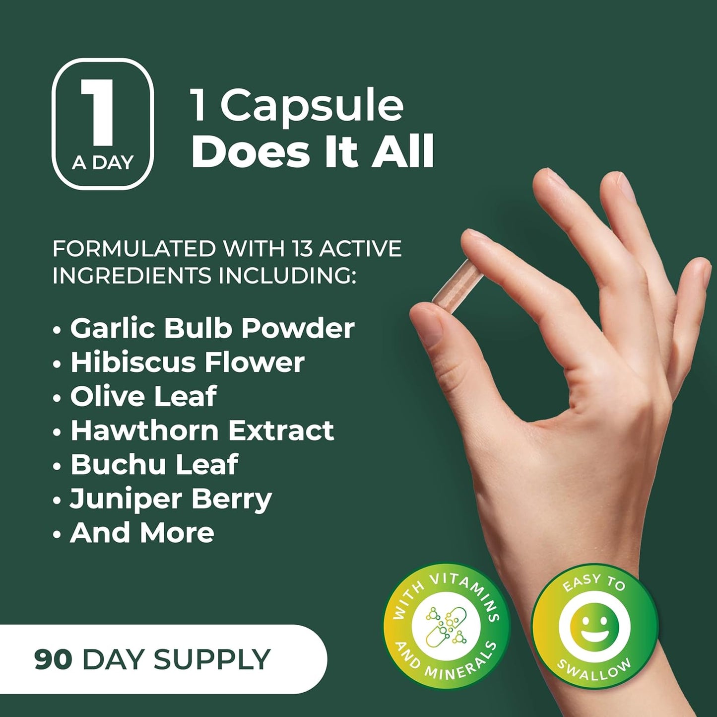 PurePremium Blood Pressure Supplement Hawthorn Hibiscus Garlic Vitamin B12 90 Count
