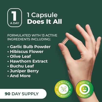 PurePremium Blood Pressure Supplement Hawthorn Hibiscus Garlic Vitamin B12 90 Count