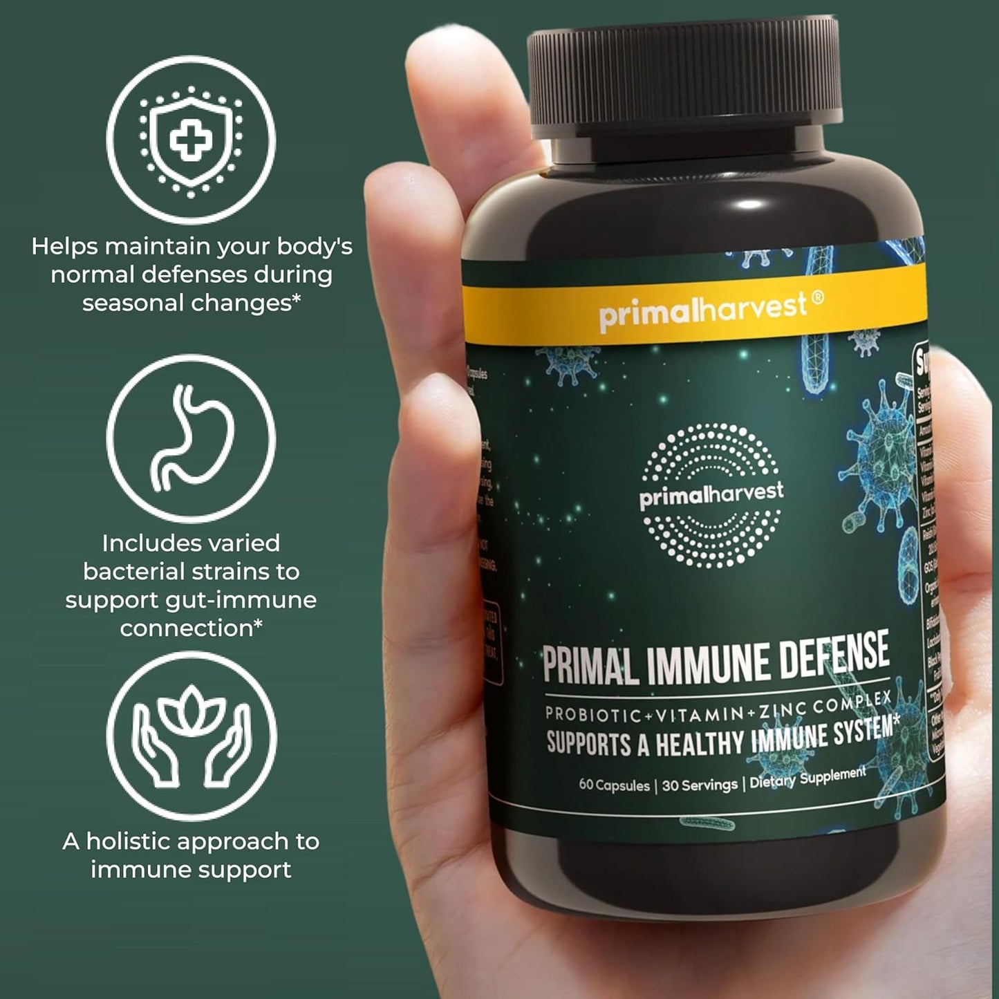 Primal Harvest Immune Defense 10-in-1 Probiotics Zinc Vitamins C D3 K2 B6 Capsules