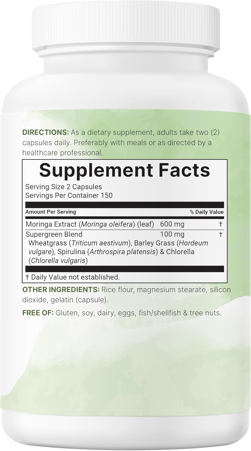 Micro Ingredients Moringa Capsules Supergreens Blend Non-GMO 300 Count