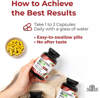 Nutreb Berberine HCL Supplement 1200 mg Vegan Capsules 60 Count