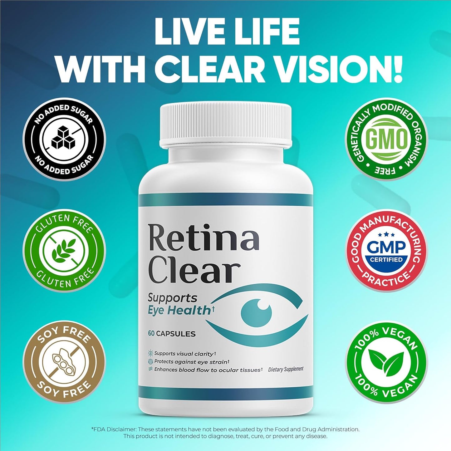 Retina Clear Vision Support Supplement Capsules – Natural Ingredient Eye Health Formula, 180 Capsules (3 Pack)