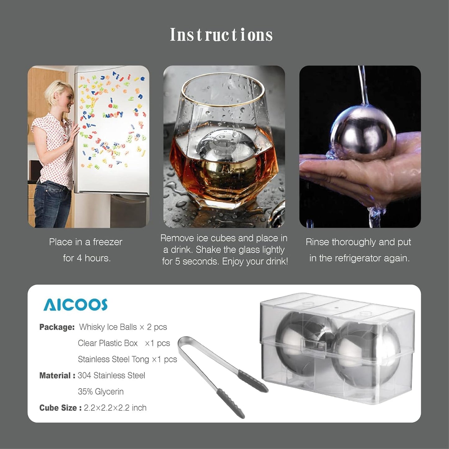 Stainless Steel Whiskey Stones Reusable Ice Balls 55 mm 2 Count