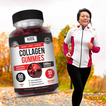 Kaya Naturals Collagen Gummies 1000 mg Vitamin C Selenium Biotin Strawberry 60 Count