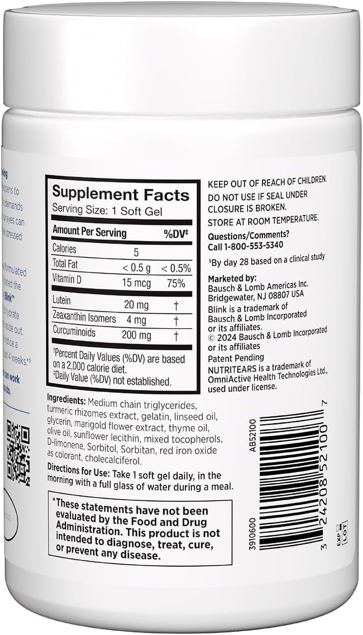 Blink NutriTears Supplement for Dry Eyes – Lutein, Zeaxanthin & Vitamin D for Hydration & Eye Comfort, 50 Softgels