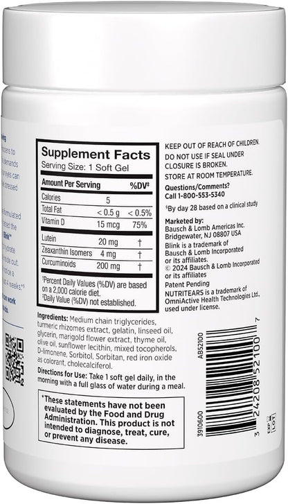 Blink NutriTears Supplement for Dry Eyes – Lutein, Zeaxanthin & Vitamin D for Hydration & Eye Comfort, 50 Softgels