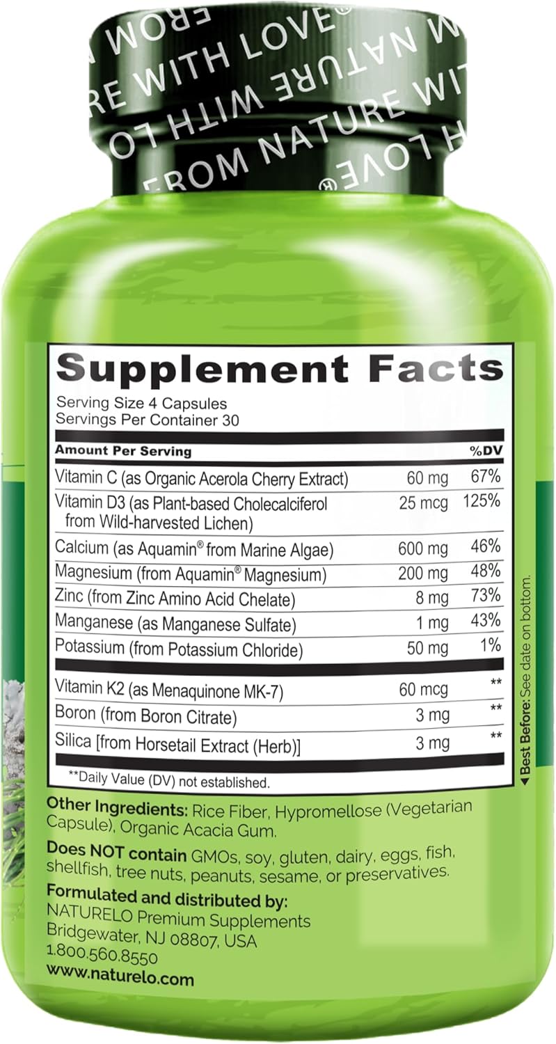 NATURELO Calcium Supplement 600 mg with Vitamins C D3 K2 Magnesium Zinc 120 Caps
