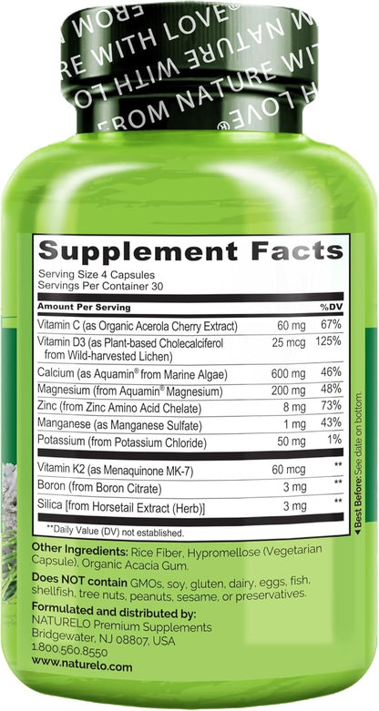 NATURELO Calcium Supplement 600 mg with Vitamins C D3 K2 Magnesium Zinc 120 Caps