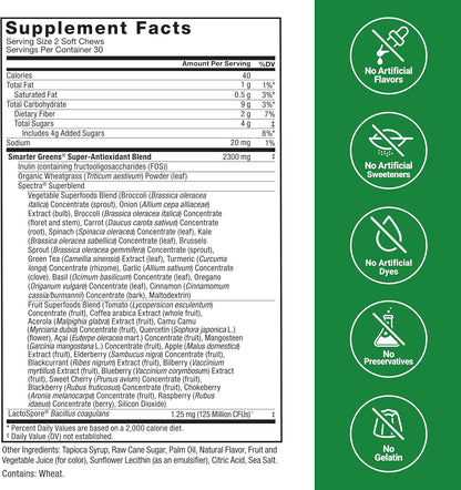 Force Factor Smarter Greens Superfood Chews Probiotics Antioxidants Fiber 60 Count