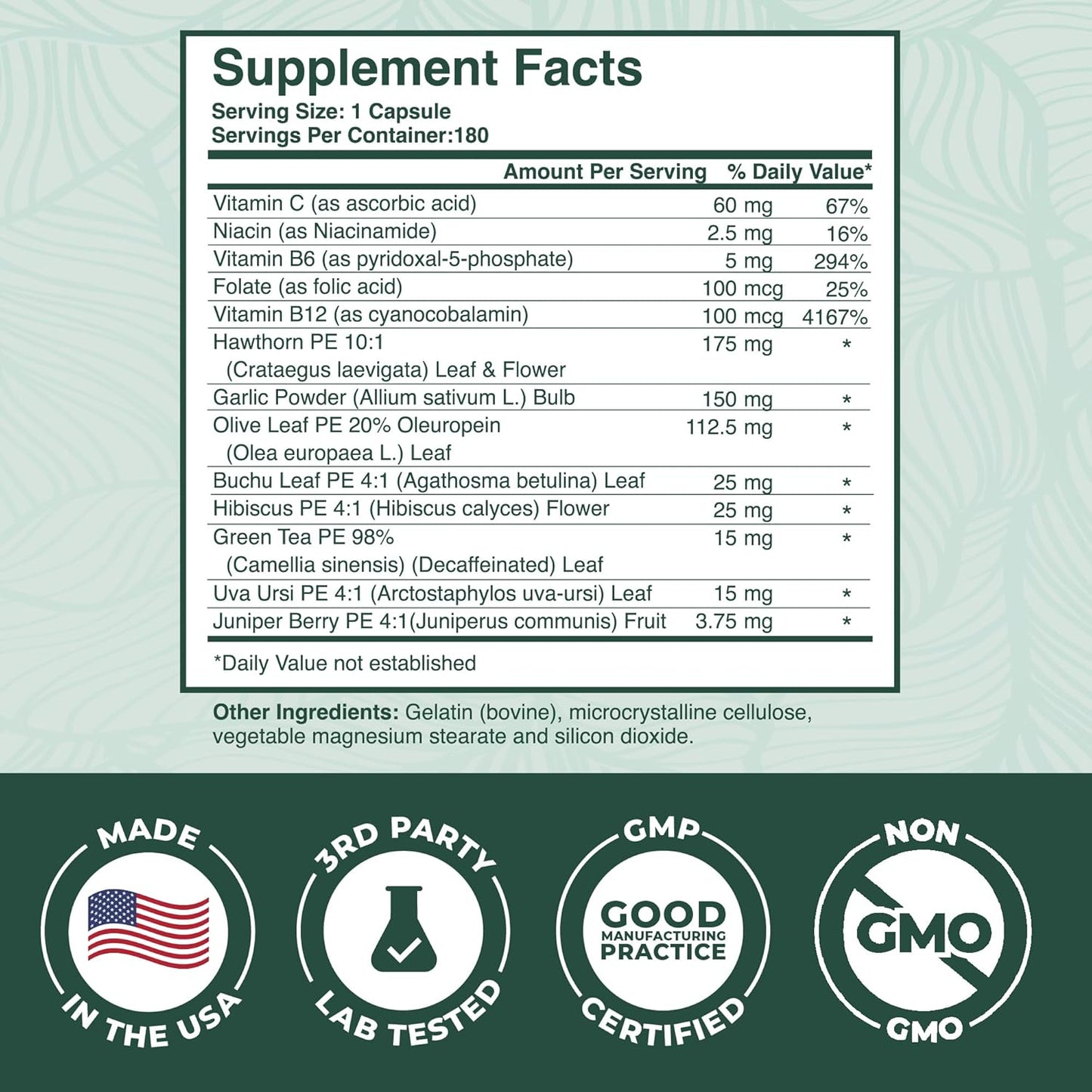 PurePremium Blood Pressure Supplement Hawthorn Hibiscus Garlic Vitamin B12 90 Count