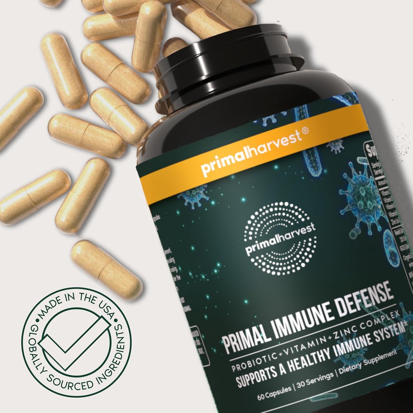 Primal Harvest Immune Defense 10-in-1 Probiotics Zinc Vitamins C D3 K2 B6 Capsules