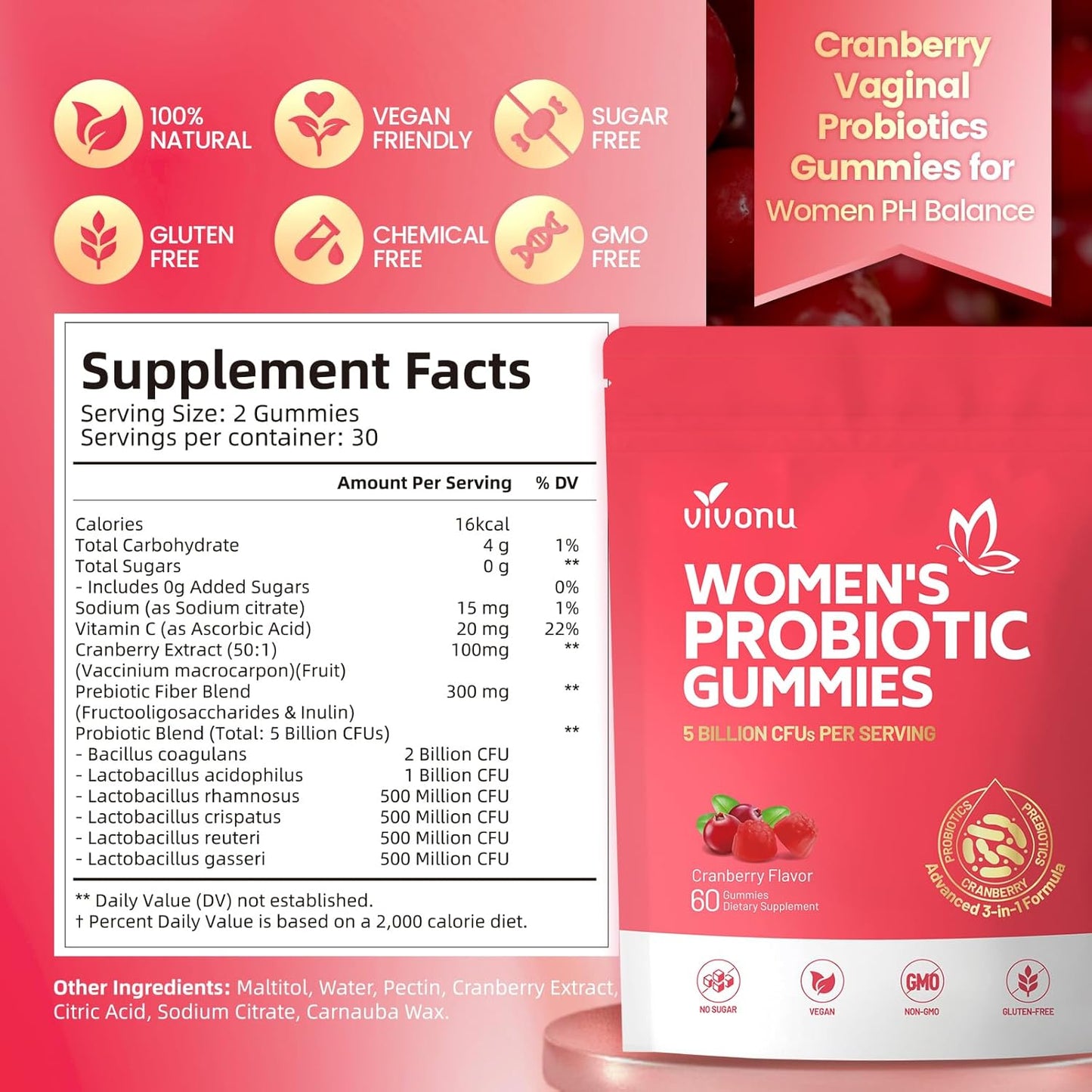 VivoNu Probiotic Gummies for Women with Prebiotics Cranberry 60 Count