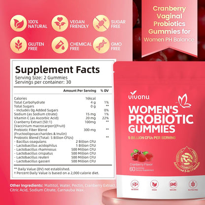 VivoNu Probiotic Gummies for Women with Prebiotics Cranberry 60 Count
