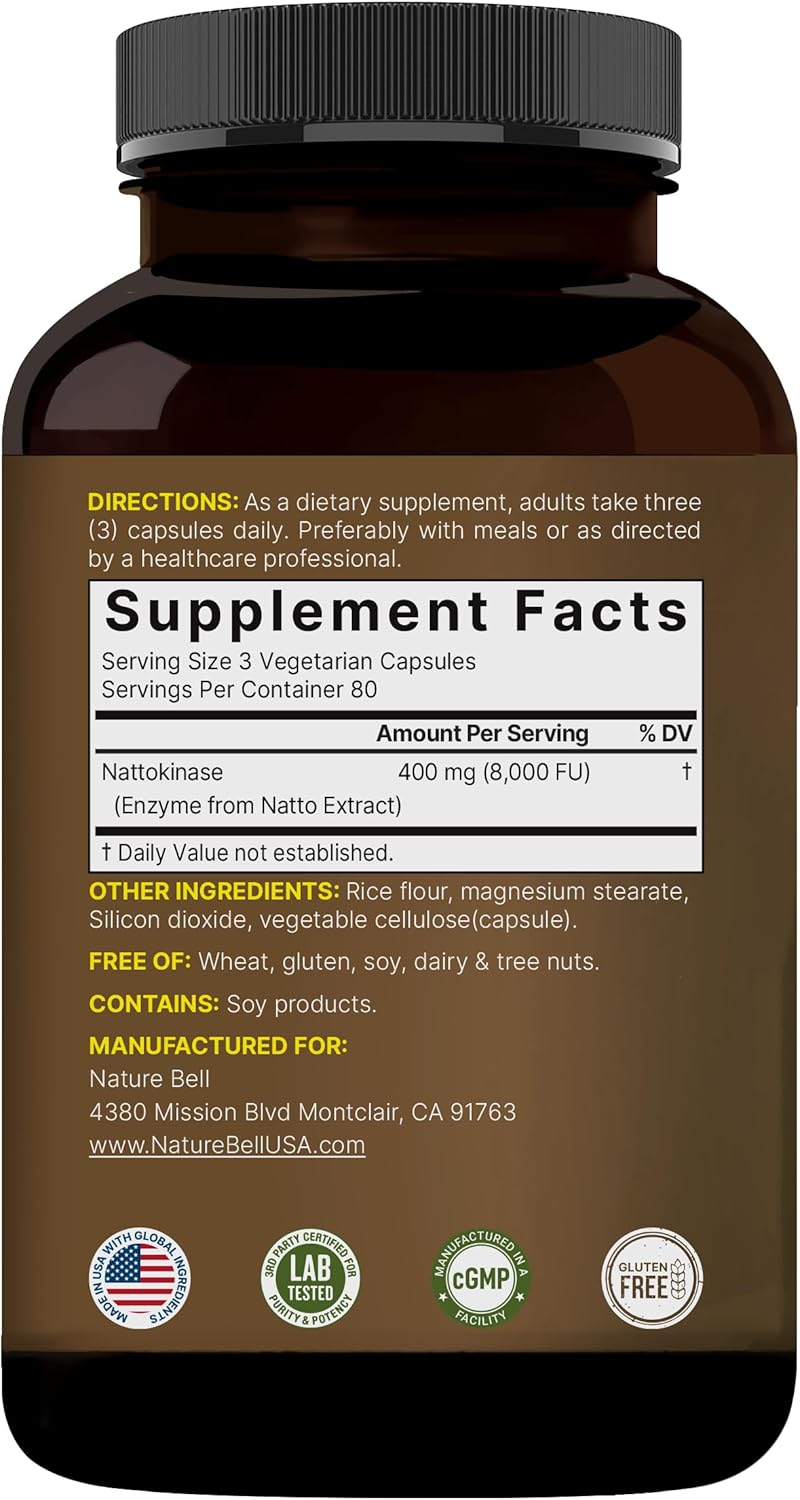 NatureBell Nattokinase 8,000 FU Max Strength from Fermented Natto Extract – Non-GMO Enzyme Supplement, 240 Capsules