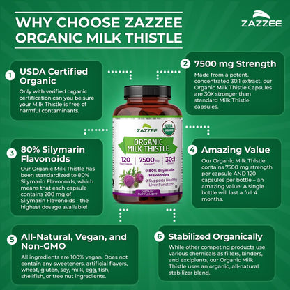 Zazzee Organic Milk Thistle Extract 30:1 – 80% Silymarin, 120 Vegan Capsules, Non-GMO
