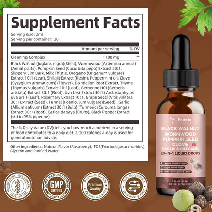 Totaria 20 in 1 Black Walnut Wormwood Tincture - Clove,Pumpkin Seed,Garlic,Oregano,Berberine - Gentle Gut Cleanse & Digestive Health -Raspberry Flavor - 2FL
