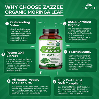 Zazzee Organic Moringa 20:1 Extract Vegan Capsules Kosher 180 Count