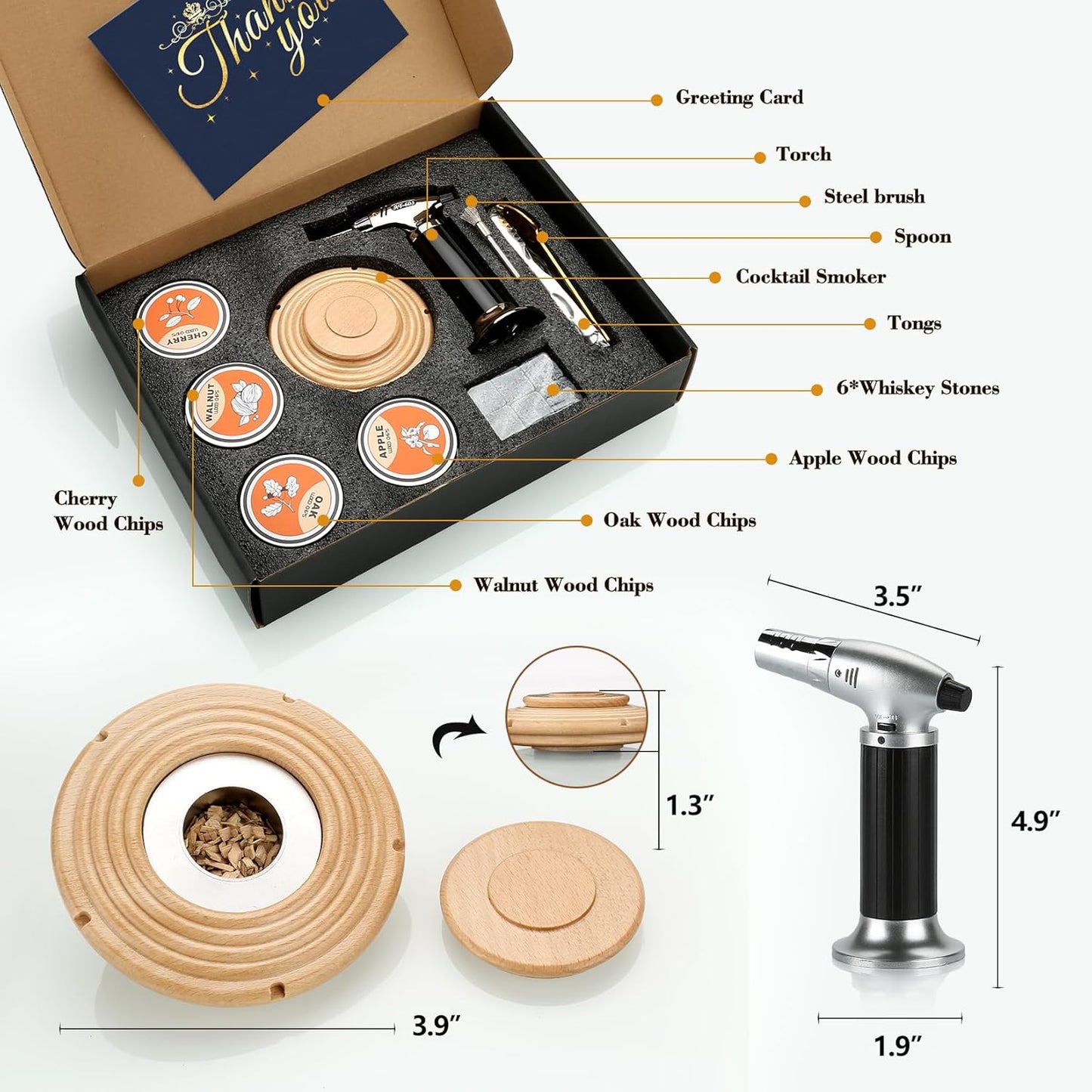 Cocktail Smoker Kit with Torch and Whiskey Stones Beech Wood Set