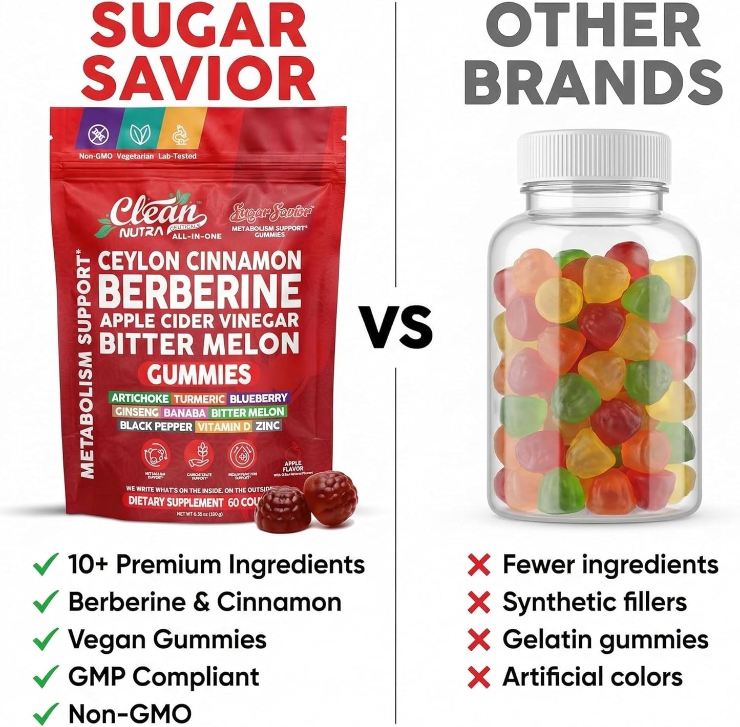 Sugar Savior Berberine Cinnamon ACV Gummies Turmeric Ginseng Vitamins 60 Count