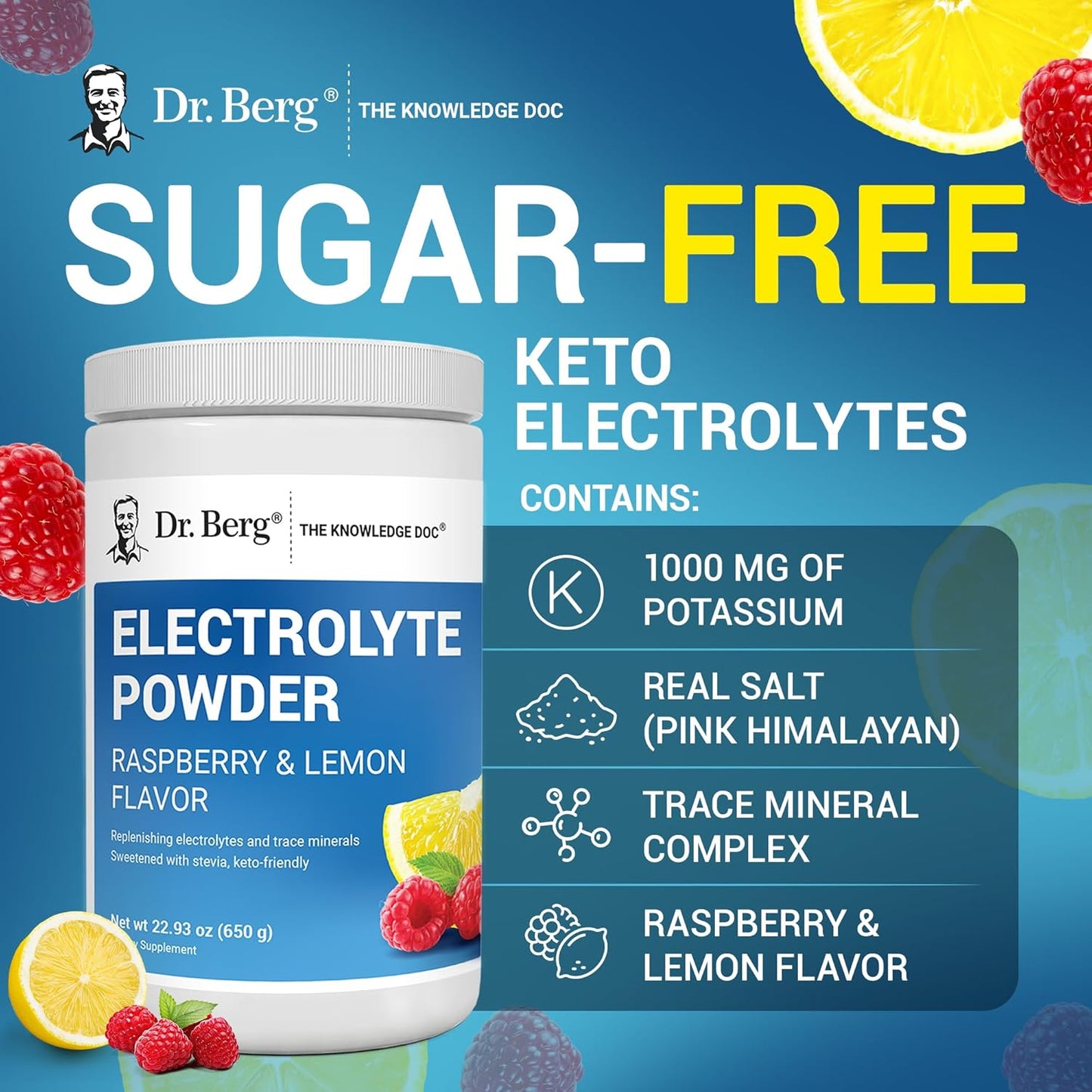 Dr. Berg Zero Sugar Electrolyte Powder Raspberry Lemon 100 Servings