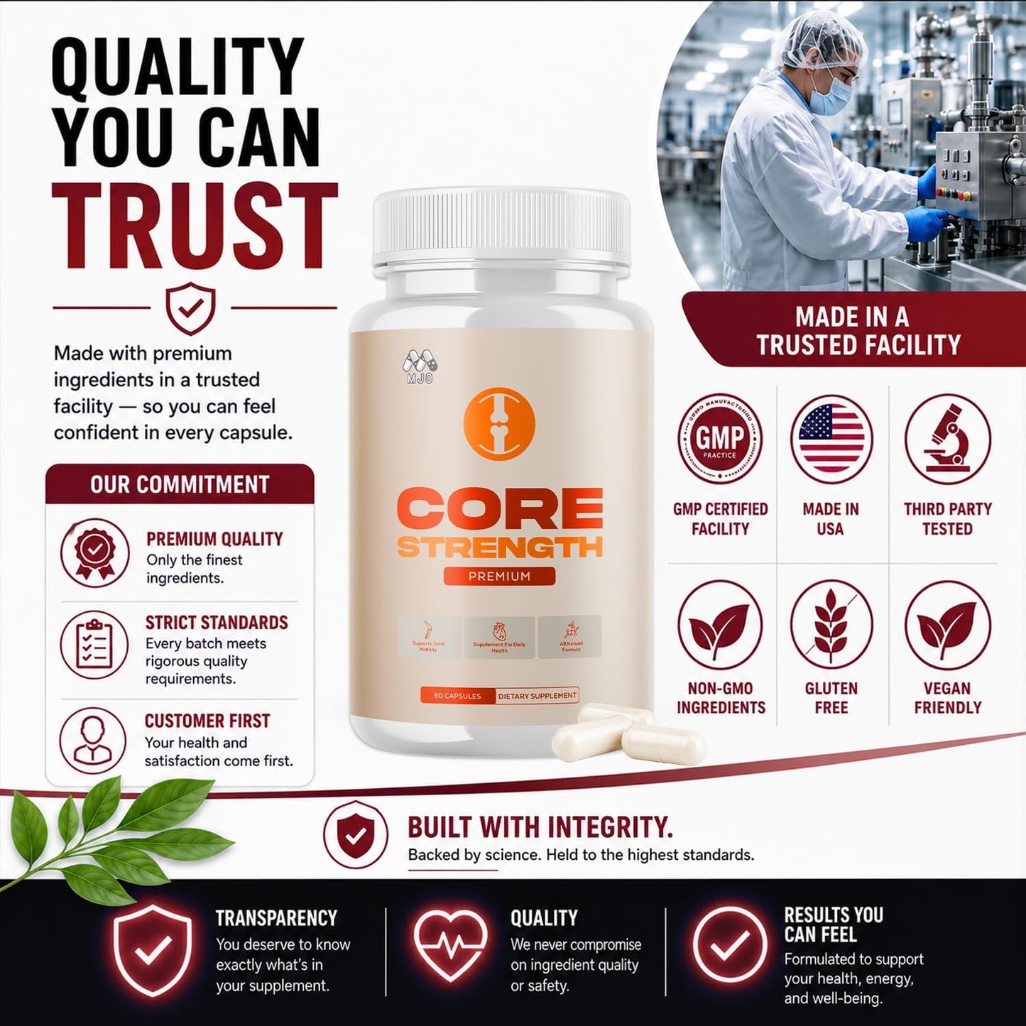 Core Strength Supplement Capsules with Natural Ingredients & Multivitamins 60 Capsules